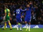 Diego Costa (R) of Chelsea celebrates scoring his team's first goal with his team mate Willian (L) during the Barclays Premier League match between Chelsea and Norwich City at Stamford Bridge on November 21, 2015