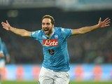 Gonzalo Higuain of Napoli celebrates after scoring goal 1-0 during the Serie A match between SSC Napoli and FC Internazionale Milano at Stadio San Paolo on November 30, 2015 in Naples, Italy.