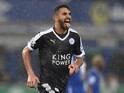 Riyad Mahrez celebrates scoring Leicester's second from the penalty spot against Everton on December 19, 2015