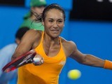 A sweaty Heather Watson in action at the Hopman Cup on January 6, 2016