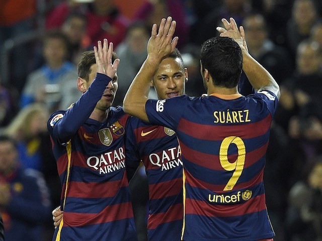 Neymar, Luis Suarez and Lionel Messi congratulate each other during the game between Barcelona and Athletic Bilbao on January 17, 2016