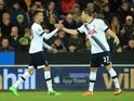 Dele Alli celebrates his goal with Kevin Wimmer during the Premier League game between Norwich and Spurs on February 2, 2016