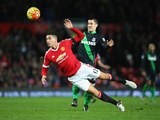 Chris Smalling and Bojan Krkic in action during the Premier League game between Manchester United and Stoke on February 2, 2016