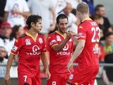 Sergio Cirio of Adelaide United is congratulated by teammates after scoring against Sydney FC at Coopers Stadium on February 5, 2016