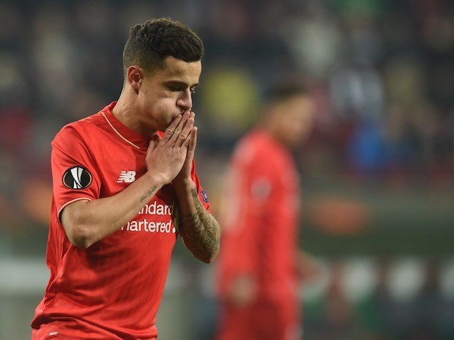 Philippe Coutinho reacts to a missed chance during the Europa League game between Augsburg and Liverpool on February 18, 2016