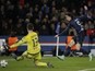 Edinson Cavani scores during the Champions League encounter between Paris Saint-Germain and Chelsea on February 16, 2016