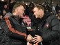 Louis van Gaal and Jess Thorup prior to the Europa League round-of-32 first leg between FC Midtjylland and Manchester United on February 18, 2016