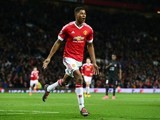Marcus Rashford celebrates scoring during the Europa League game between Manchester United and FC Midtjylland on February 25, 2016