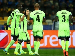 Sergio Aguero of Manchester City celebrates after scoring the opening goal against Dynamo Kiev in the Champions League on February 24, 2016