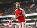 Aaron Ramsey celebrates scoring the opener during the Premier League game between Tottenham Hotspur and Arsenal on March 5, 2016