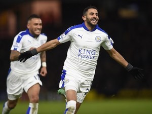 Riyad Mahrez celebrates finding the opener during the Premier League game between Watford and Leicester City on March 5, 2016