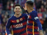 Lionel Messi celebrates scoring with Neymar during the La Liga game between Barcelona and Getafe on March 12, 2016