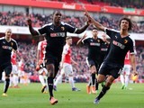 Odion Ighalo celebrates scoring with Nathan Ake during the FA Cup game between Arsenal and Watford on March 13, 2016