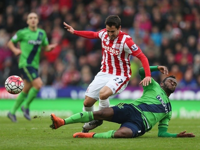 Bojan Krkic and Cuco Martina in action during the Premier League match between Stoke City and Southampton on March 12, 2016