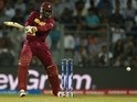 Chris Gayle plays a shot during the World T20 cricket tournament match between England and West Indies on March 16, 2016