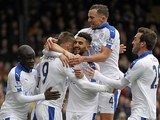 Riyad Mahrez celebrates scoring with teammates during the Premier League game between Crystal Palace and Leicester City on March 19, 2016