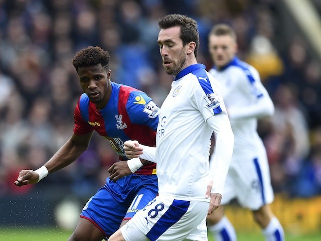 Wilfried Zaha and Christian Fuchs in action during the Premier League game between Crystal Palace and Leicester City on March 19, 2016