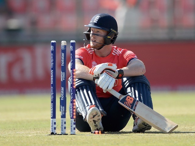 Ben Stokes slumps to the floor after being bowled out during the World Twenty20 match between England and Afghanistan on March 23, 2016