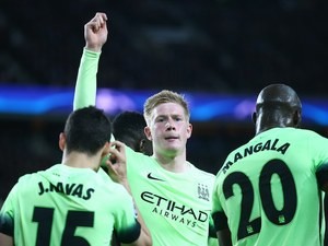 Kevin de Bruyne looks positively smouldering as he celebrates scoring during the Champions League quarter-final between Paris Saint-Germain and Manchester City on April 6, 2016