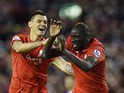 Mamadou Sakho looks terrified as he is congratulated by Dejan Lovren during the Premier League game between Liverpool and Everton on April 20, 2016