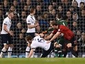 West Bromwich Albion's Craig Dawson scores his team's first goal during against Tottenham Hotspur on April 25, 2016