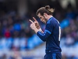 Gareth Bale celebrates scoring during the La Liga game between Real Sociedad and Real Madrid on April 30, 2016