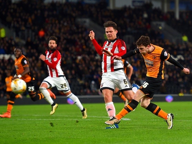 Andrew Robertson shoots on goal during the Championship match between Hull City and Brentford on April 26, 2016