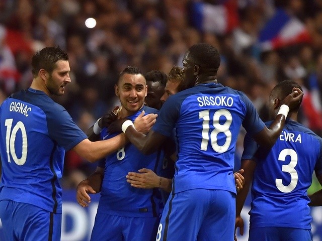 France players celebrate after scoring in their friendly match against Cameroon on May 30, 2016