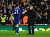 Chelsea player Nemanja Matic is congratulated by his manager Jose Mourinho on December 22, 2014