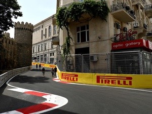 A general view showing the Qosha gate building from the circuit during previews ahead of the European Formula One Grand Prix at Baku City Circuit on June 16, 2016