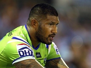 Frank Paul Nuuausala of the Raiders watches from the bench during the round one NRL match between the Cronulla Sharks and the Canberra Raiders at Remondis Stadium on March 8, 2015