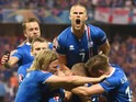  Iceland celebrates a goal during Euro 2016 round of 16 football match between England and Iceland at the Allianz Riviera stadium in Nice on June 27, 2016