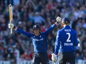 Jason Roy celebrates reaching his century during the second ODI between England and Sri Lanka  on June 24, 2016