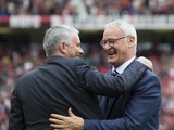 Jose Mourinho and Claudio Ranieri greet each other prior to the game between Manchester United and Leicester City on September 24, 2016
