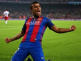 Rafinha celebrates scoring for Barcelona during their La Liga clash with Granada at the Camp Nou on October 29, 2016
