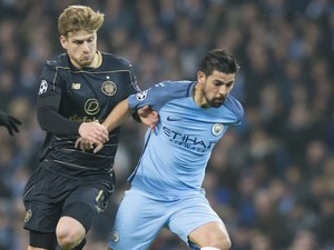 Nolito tussles with Stuart Armstrong during the Champions League game between Manchester City and Celtic on December 6, 2016