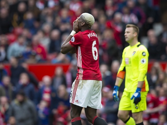 Paul Pogba reacts to a missed chance during the Premier League game between Manchester United and Bournemouth on March 4, 2017