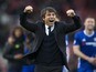 Antonio Conte is happy during the Premier League game between Stoke City and Chelsea on March 18, 2017