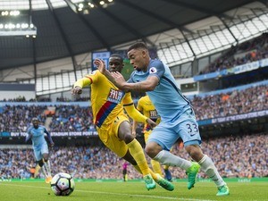 Gabriel Jesus and Jeffrey Schlupp in action during the Premier League game between Manchester City and Crystal Palace on May 6, 2017