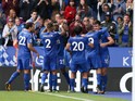 Harry Maguire celebrates with teammates after scoring during the Premier League game between Leicester City and Brighton & Hove Albion on August 19, 2017