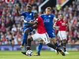 Eric Bailly, Wilfred Ndidi and Jamie Vardy in action during the Premier League game between Manchester United and Leicester City on August 26, 2017