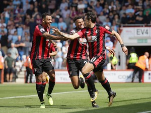 Charlie Daniels celebrates scoring during the Premier League game between Bournemouth and Manchester City on August 26, 2017