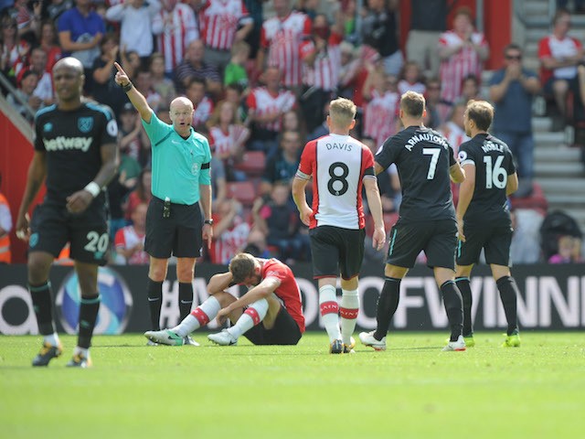 Marko Arnautovic sees red during the Premier League game between Southampton and West Ham United on August 19, 2017