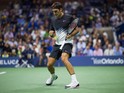 Roger Federer celebrates during the first round of the US Open on August 29, 2017