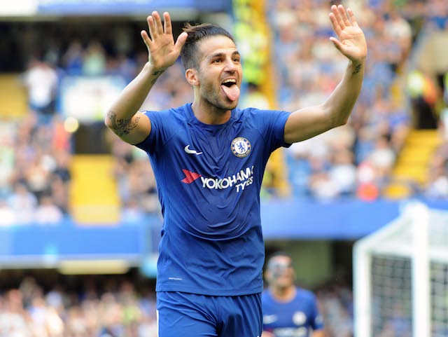 Cesc Fabregas celebrates scoring during the Premier League game between Chelsea and Everton on August 27, 2017