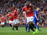 Romelu Lukaku celebrates scoring the third during the Premier League game between Manchester United and Everton on September 17, 2017
